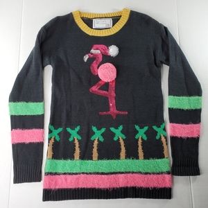 Ugly Christmas Sweater Flamingo Sequins Palm Tree Santa Hat Black Pink S 4 / 6